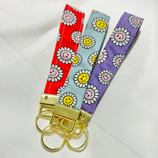 Smiley Flower Wristlet, Gold Fabric Key Holder, Fun Key Accessory