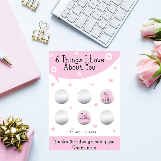 6 Things I love About You Scratch Reveal Card - Pink Hearts