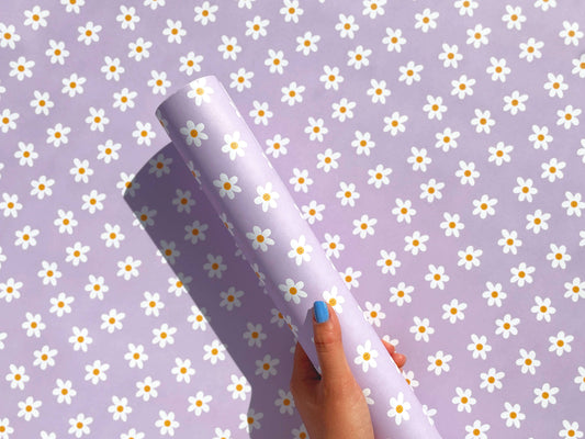 Lilac Daisy Birthday Wrapping Paper | 70’s Flat Gift Wrap
